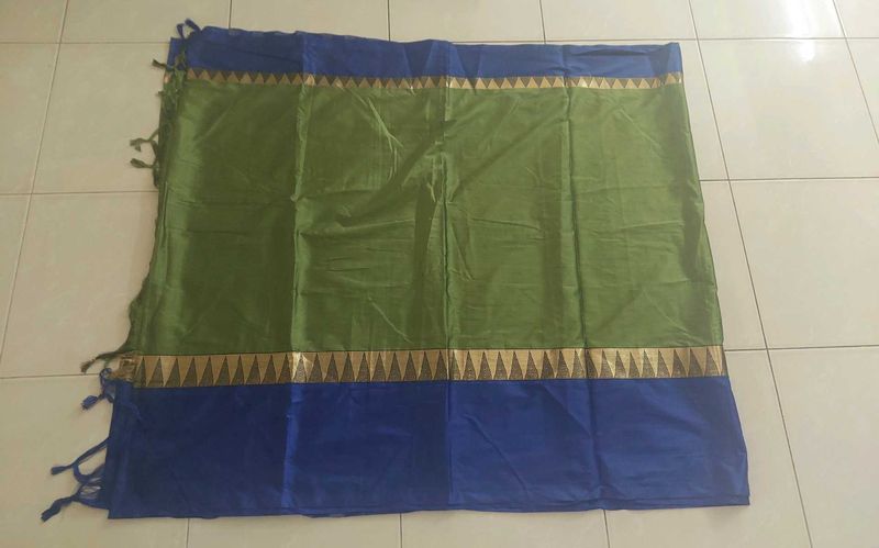 Green &amp; Blue Silk Sari with Gold Border, Blouse