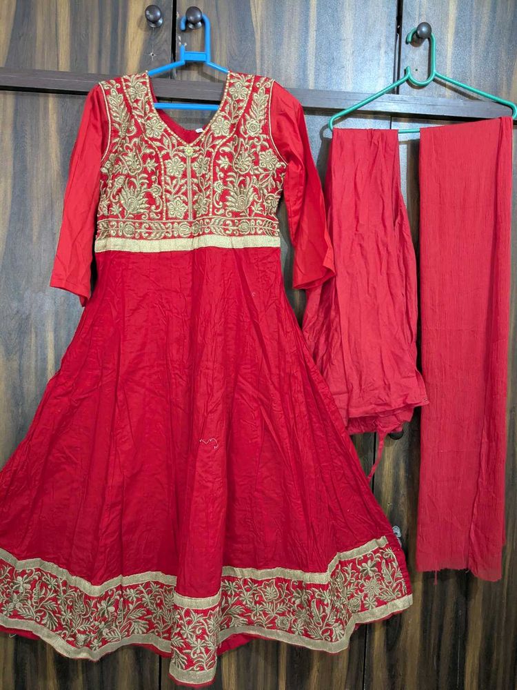 Red Embroidered Anarkali Kurta Set