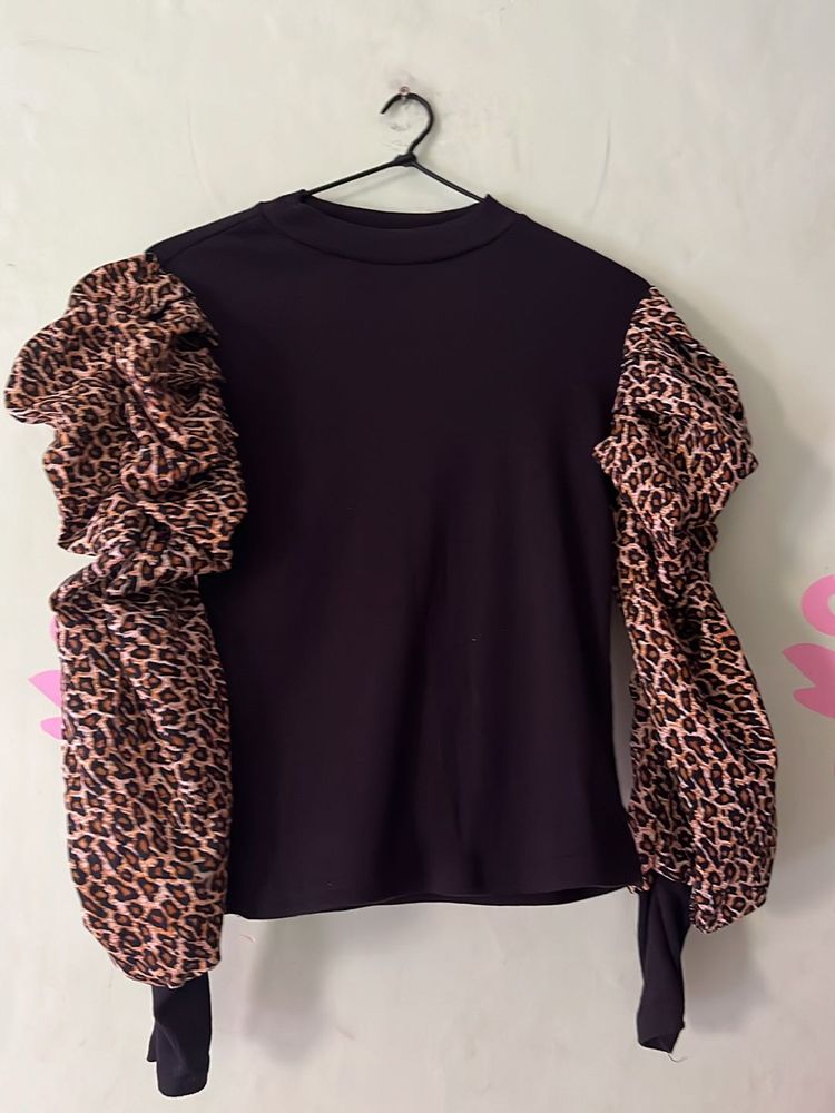 Black Leopard Printed Full Sleeves Top