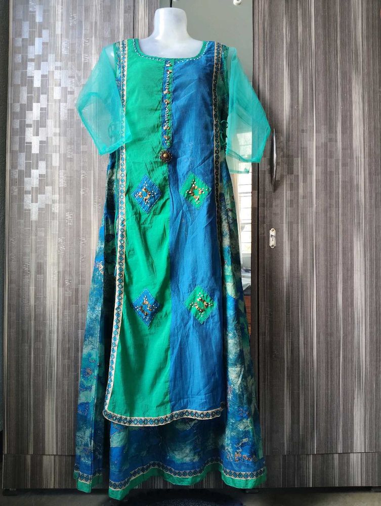 Blue &amp; Green Embellished Anarkali