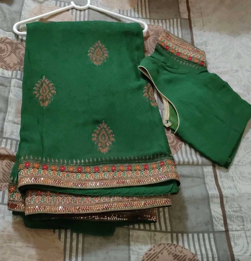 Floral Bottle Green Georgette Saree