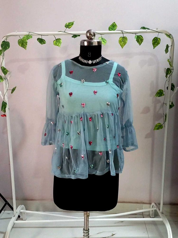 Sky Blue Mesh Sequins Top