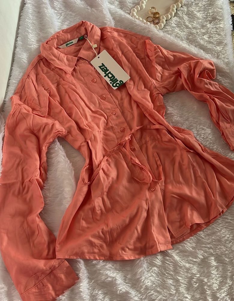 Peach Button-Down Shirt With Waist Adjustment