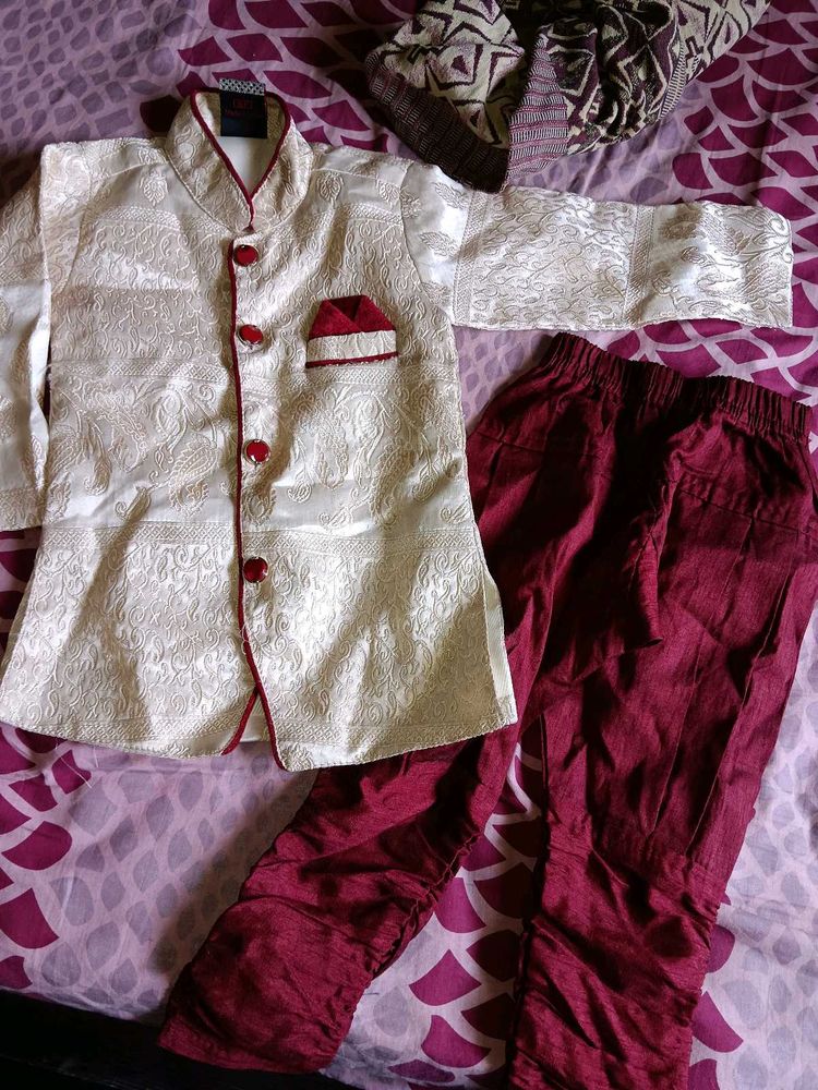 Boy&#39;s Cream &amp; Maroon Sherwani Set
