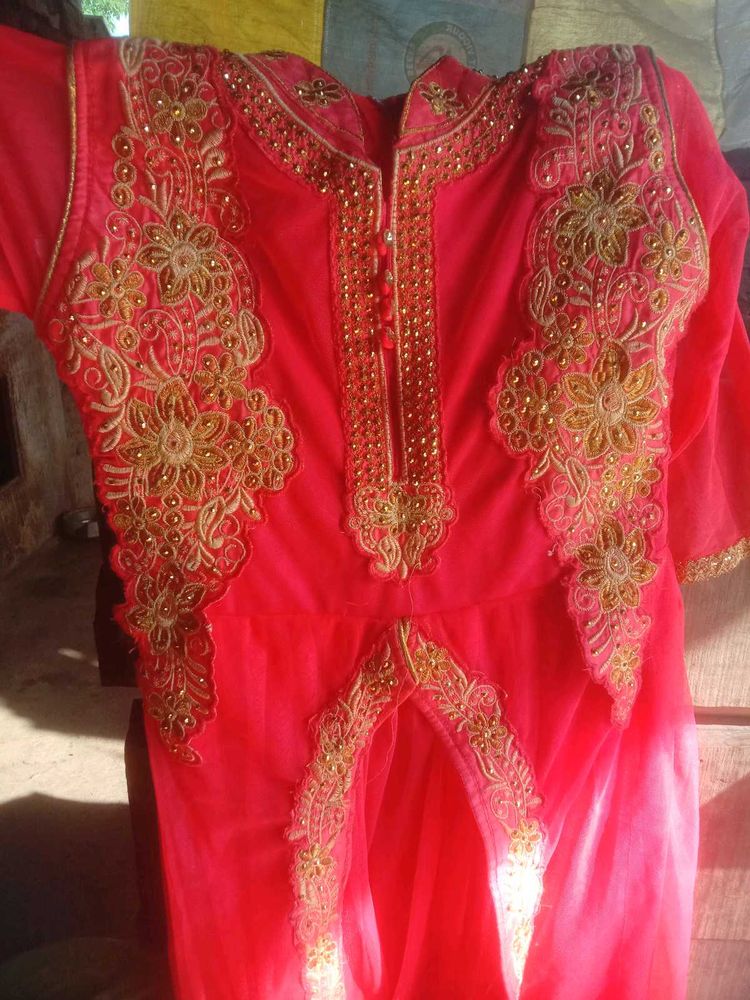 Light Red  &amp; Gold Embroidered Anarkali