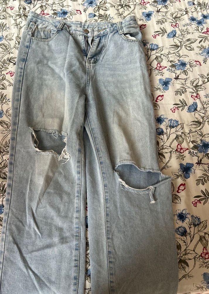 Ripped Light Wash Wide Leg Jeans