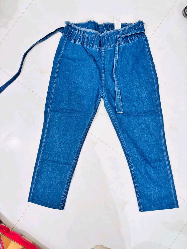Stylish Blue Paper Bag Waist Jeans