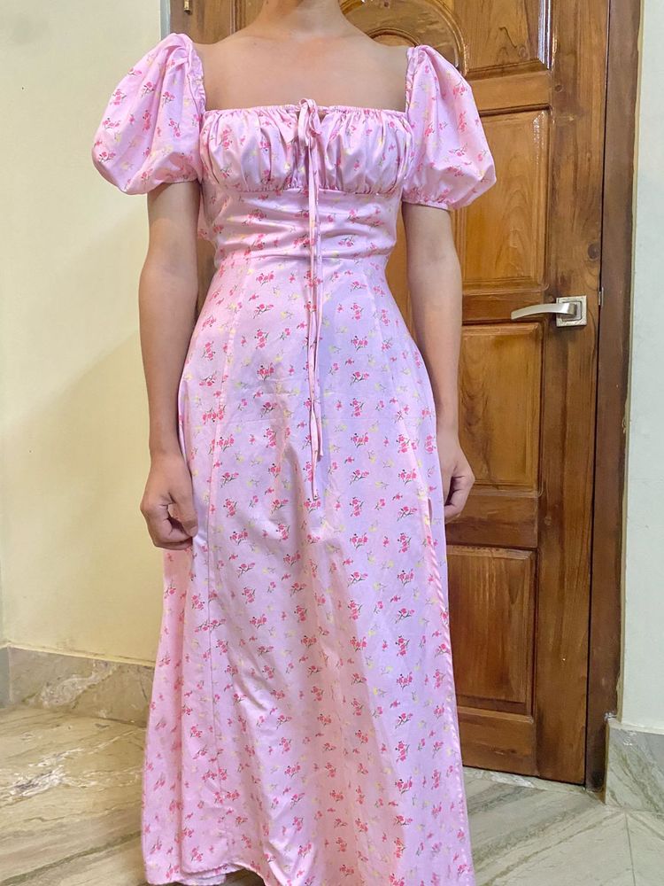 Pink Floral Puff Sleeve Dress