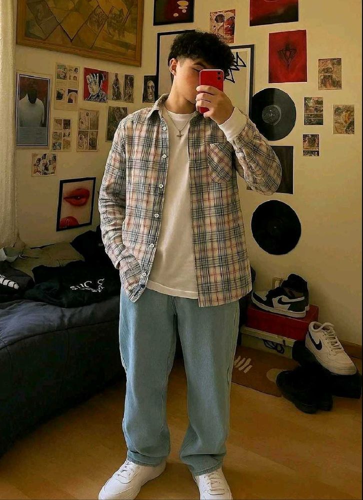 Men casual cotton Plaid Flannel Shirt
