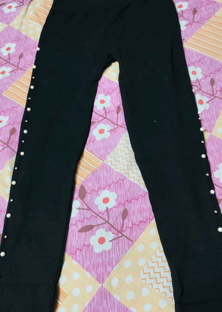 Pearl Beads Ankle Legging With Elastic Belt