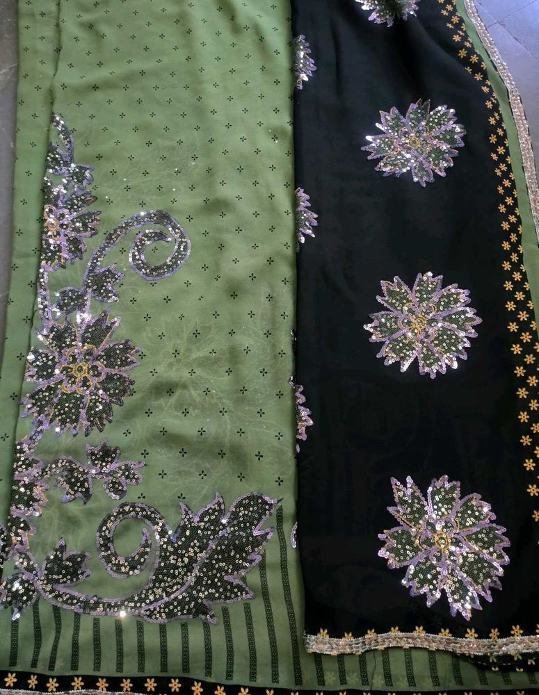 Green &amp; Black Worked Saree...