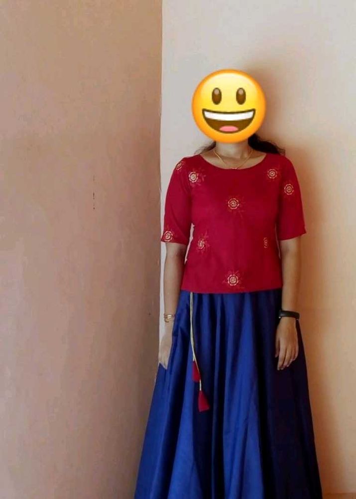 Elegant Maroon Blouse Navy Blue Skirt Set