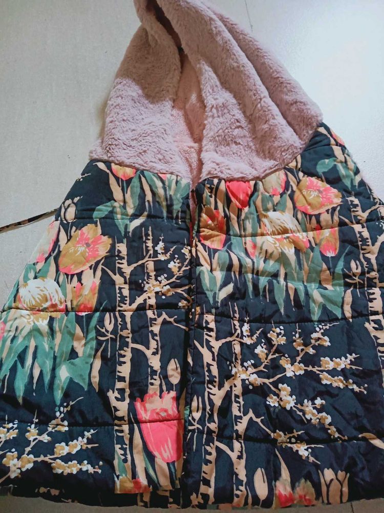 Floral Print Puffer Vest with Sherpa Collar