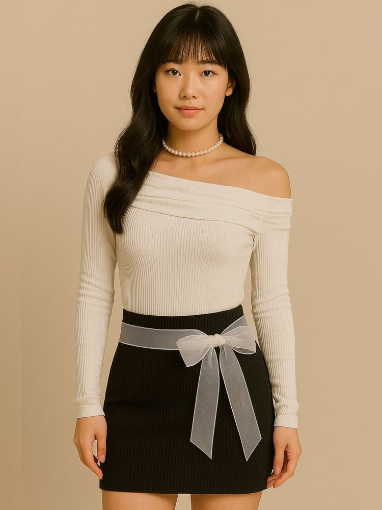 Off shoulder Crop Top Bow Accent Black Skirt Set
