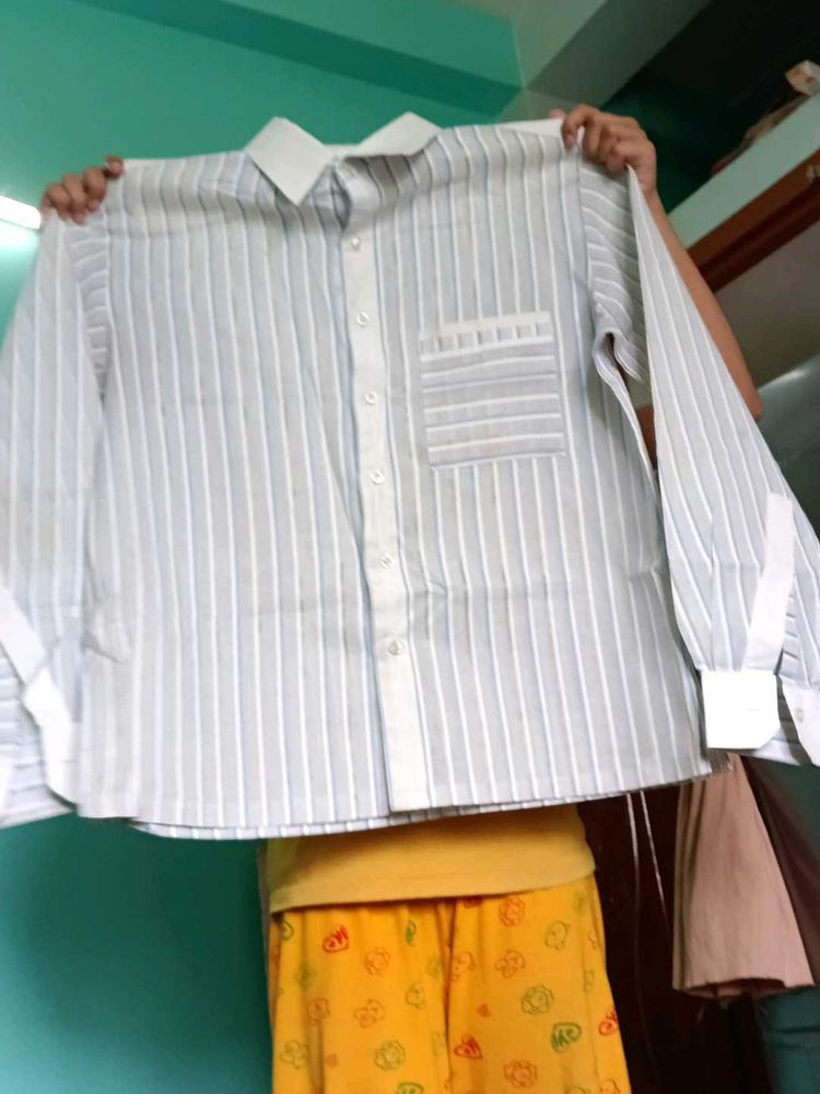 White Blue Casual Full Cotton Shirt