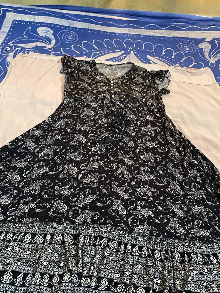 V Neck Puff Slv Black&amp;white Prntd Crepe Dress