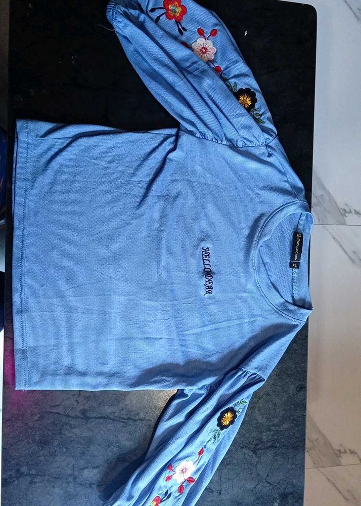 Blue Floral Embroidered Long Sleeve Top