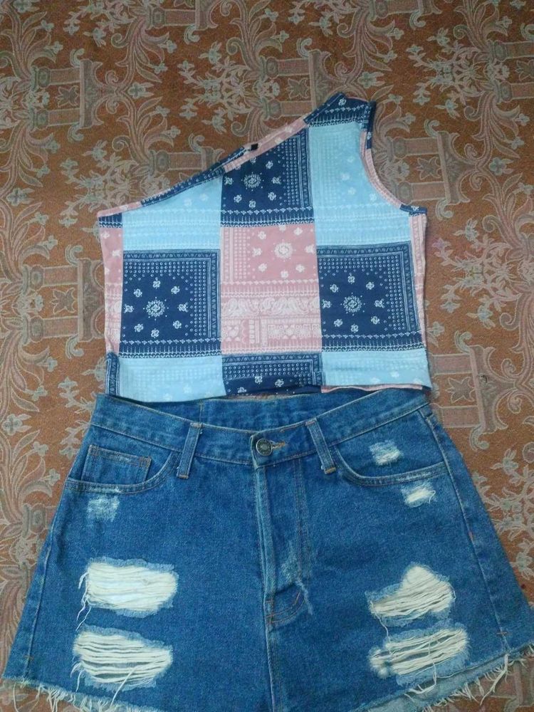Distressed Denim Shorts &amp; Patchwork Top Set