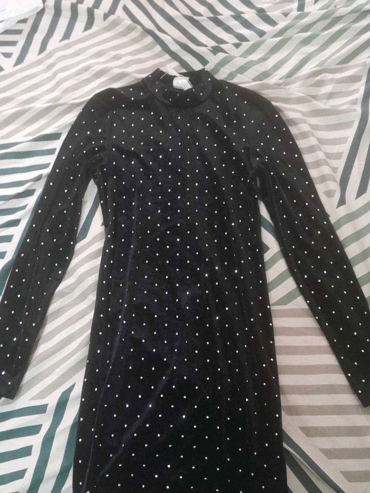 Black Velvet Shiny Stones Mini Dress