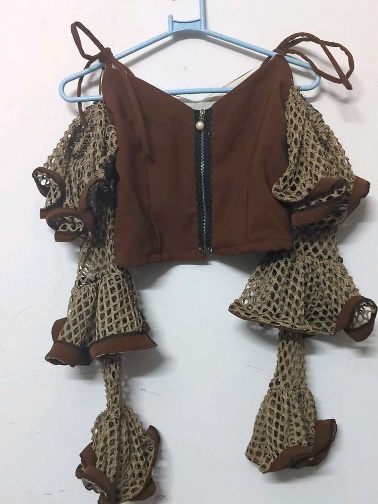 Unique Brown Crochet Sleeve Top