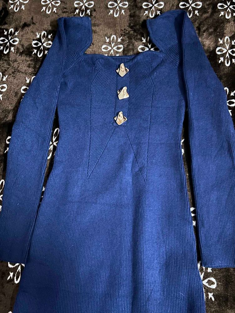 Stylish Blue Ribbed Knit Dress