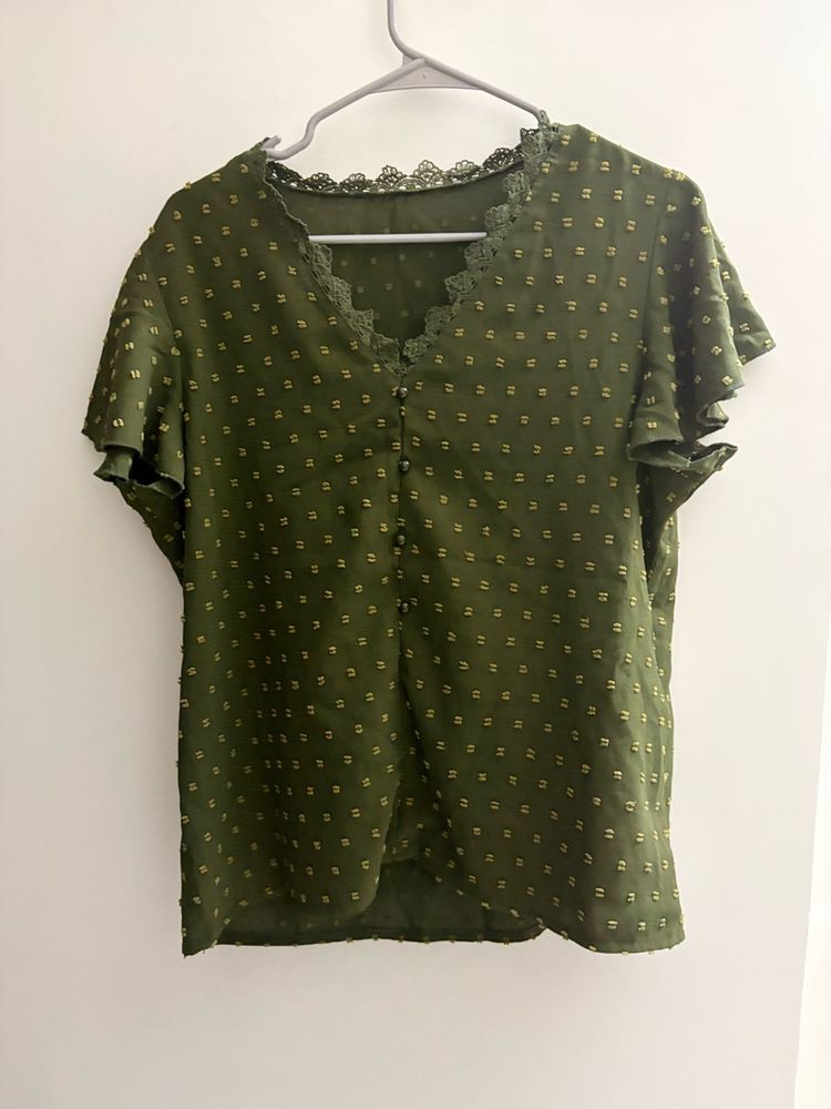 Olive Green Swiss Dot Top