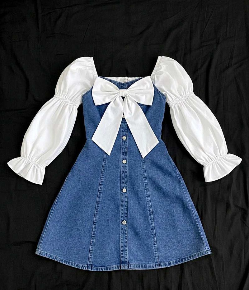 Korean Denim Dress with Bow