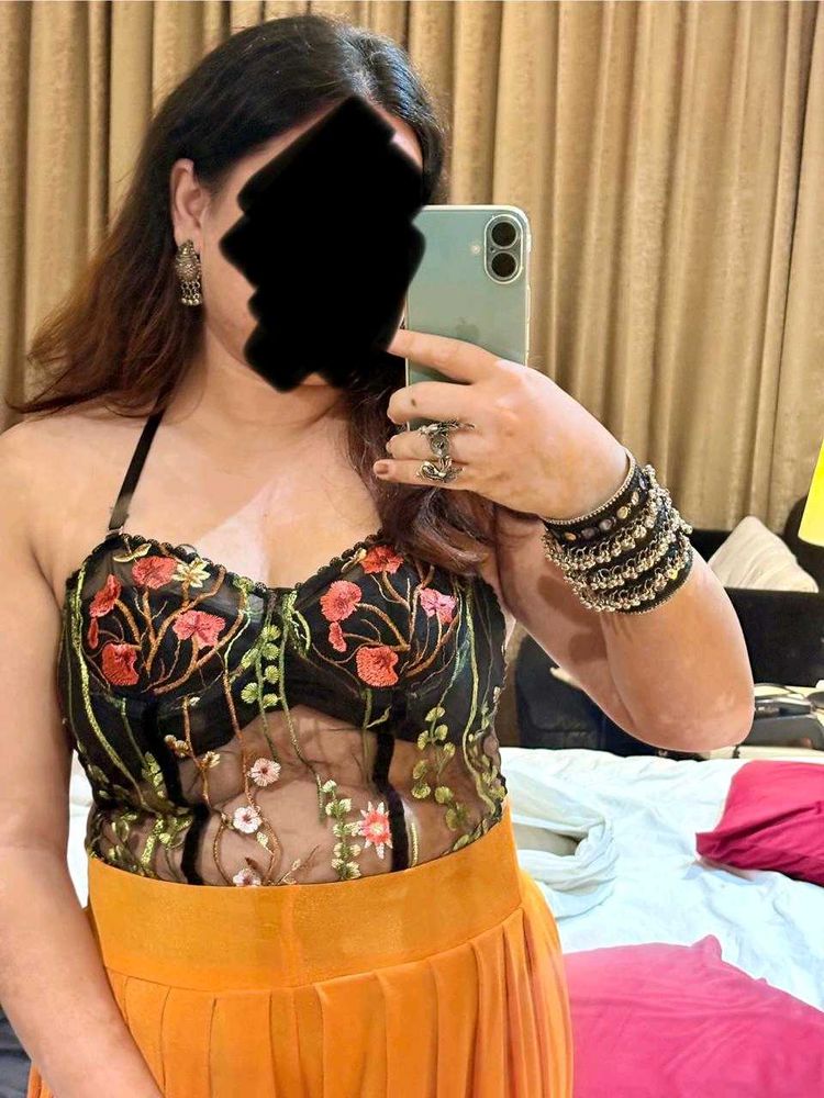 Embroidered net top bikini &amp; flared plazo set