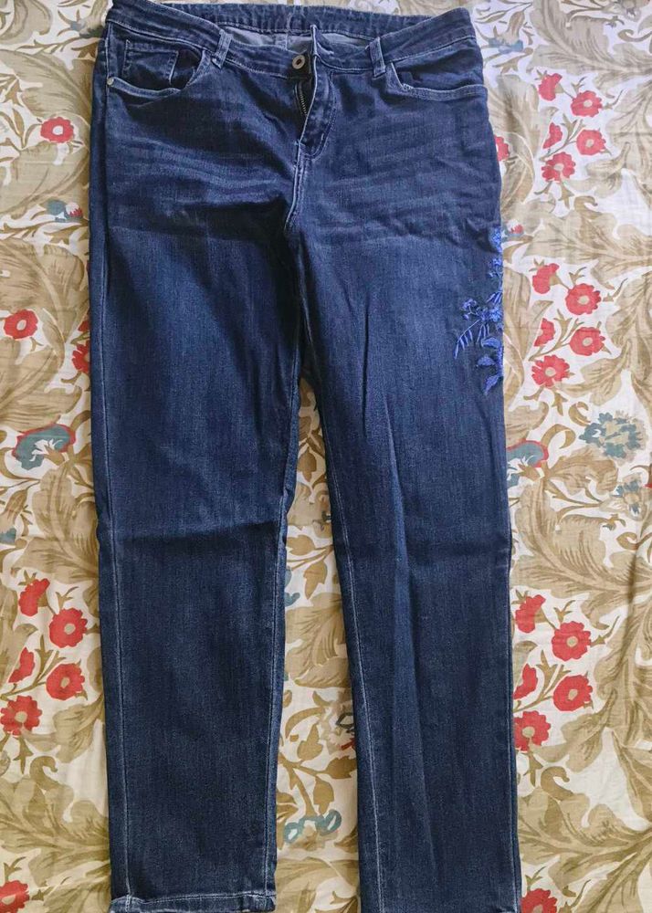Navy Blue One Sided Embroidery Jeans