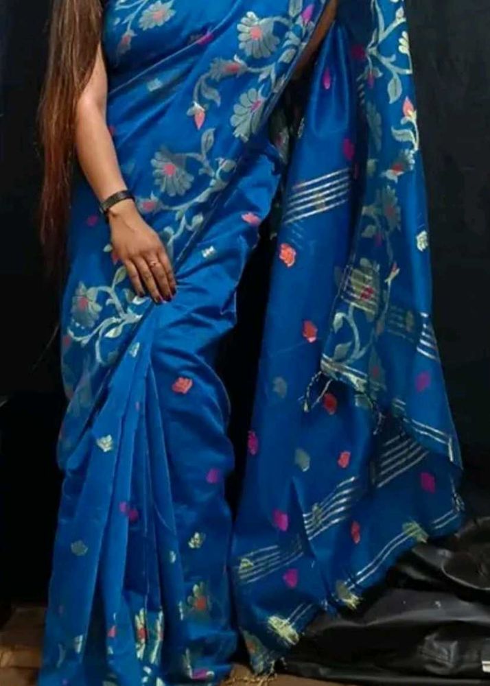 Blue Jamdani Soft Saree with blouse Piece