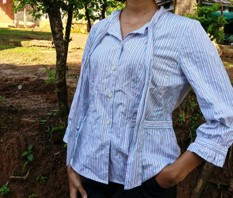 Striped Tie-Neck Blouse