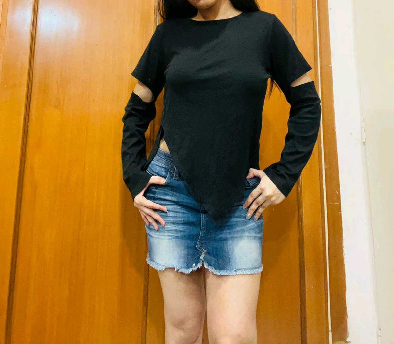 Cutout Sleeve Asymmetric Hem Top