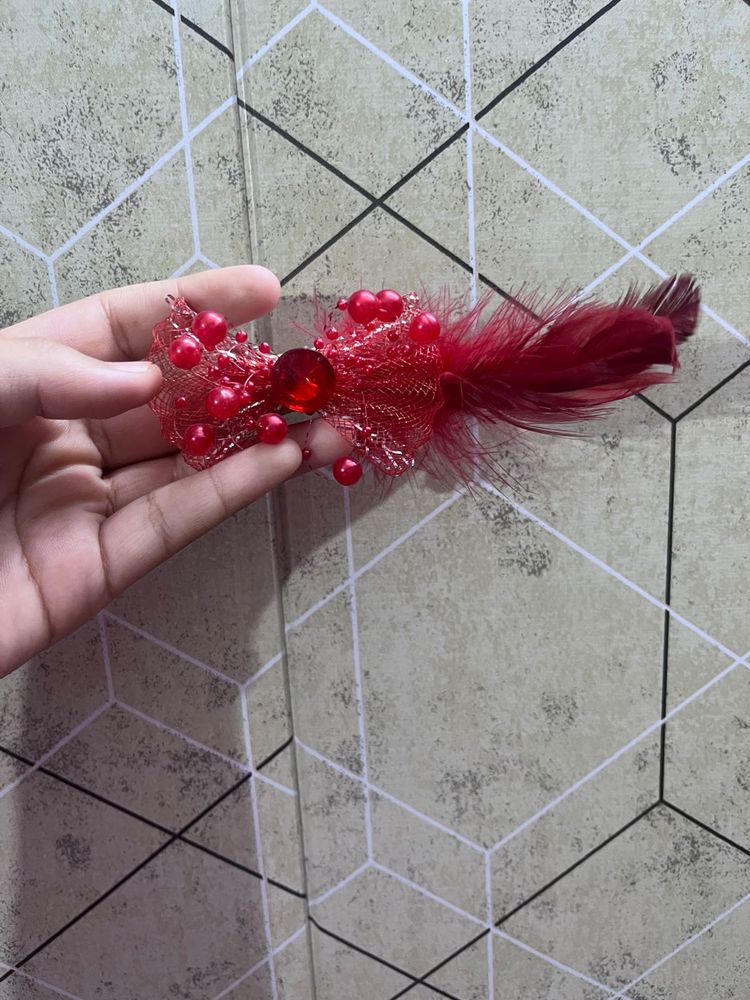 Red Beaded &amp; Feather Hair Clip