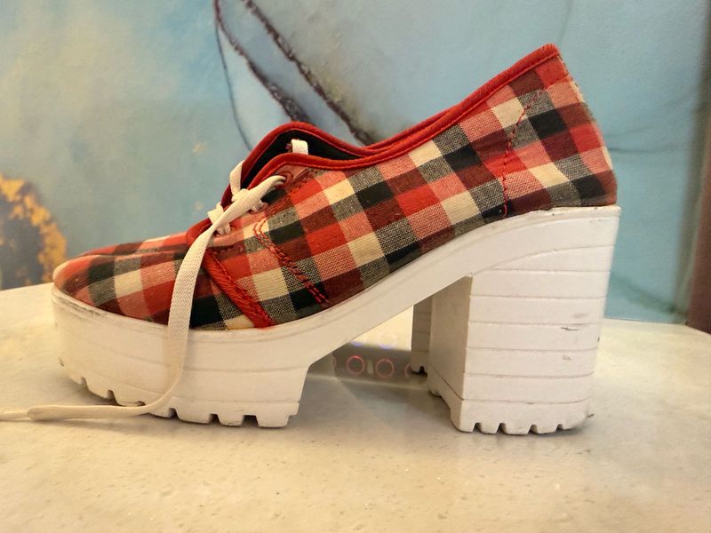 Red Plaid block heel Platform Shoes