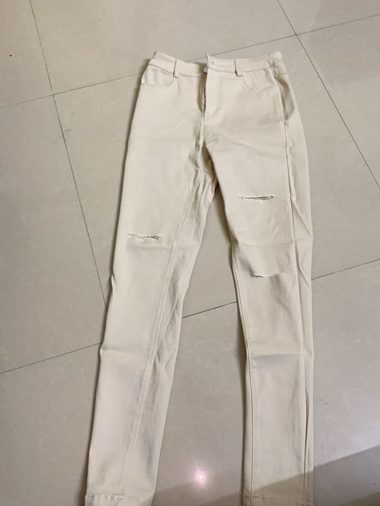 Ripped Knee Beige Pants