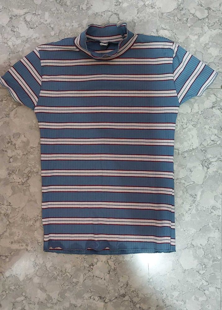 ribbed mock neck striped top