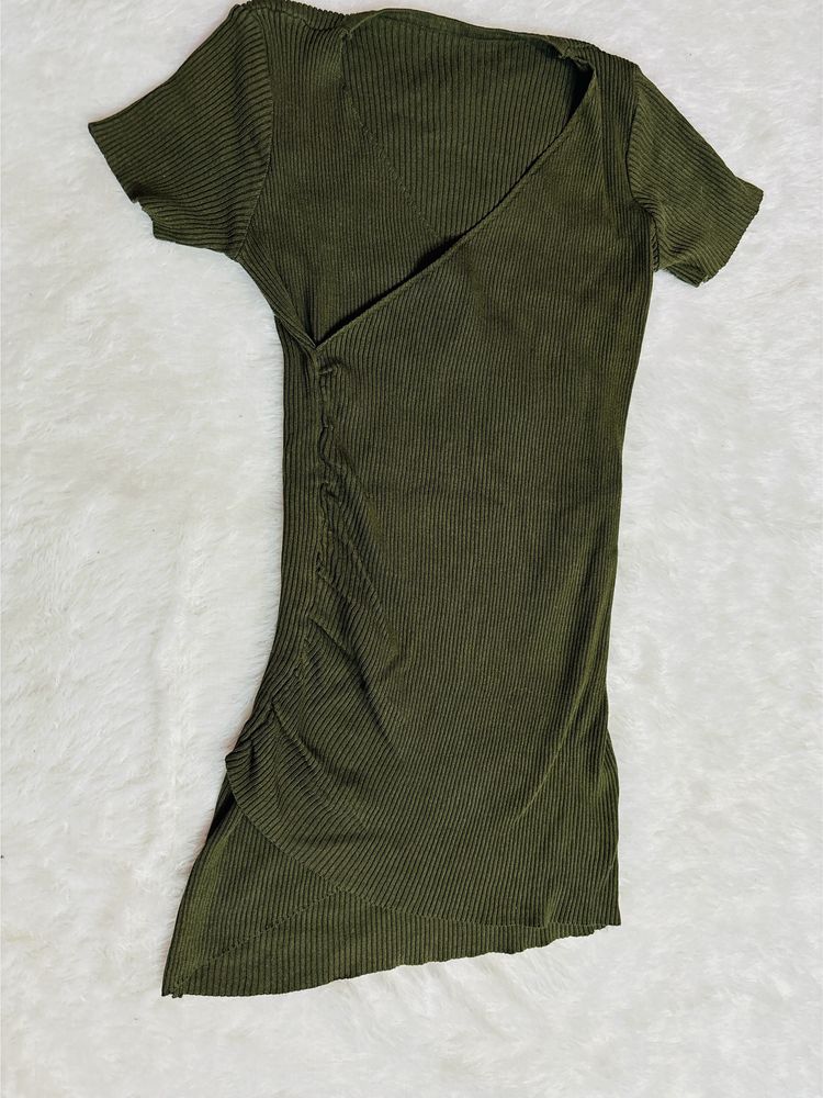 Olive Green Ribbed Mini Dress