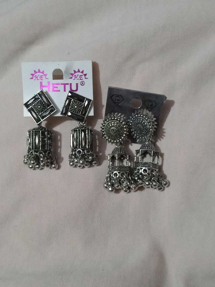 Oxidized Silver Jhumka Earrings Set