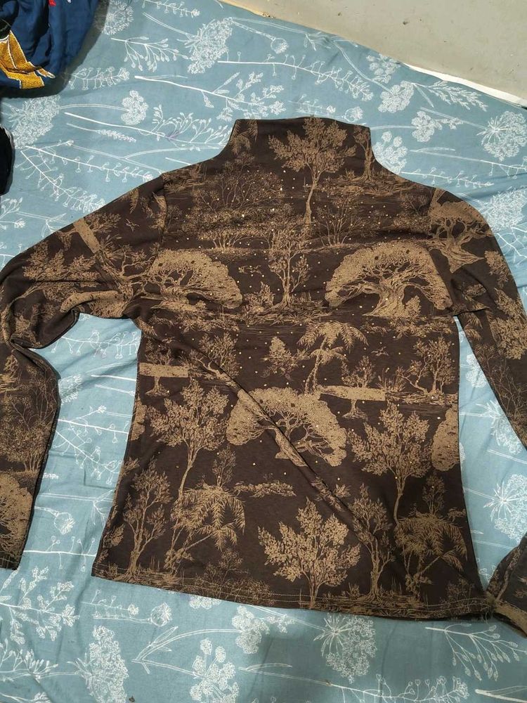 Brown Nature Print Turtleneck Top