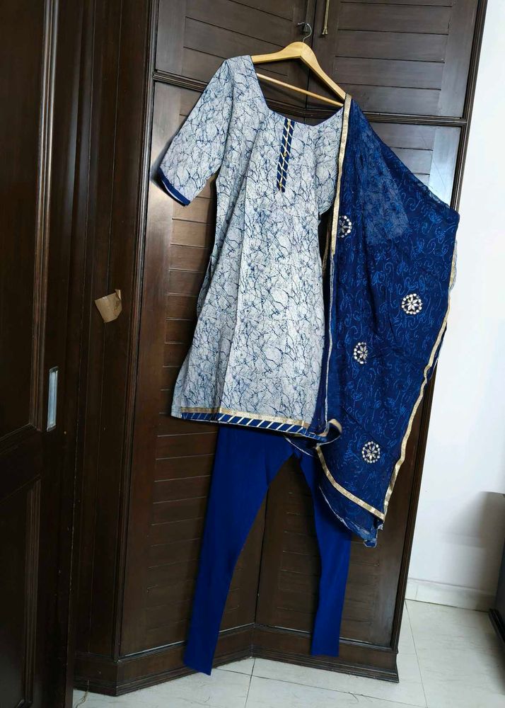 Women Blue Cotton Printed Embroidered Suit Set