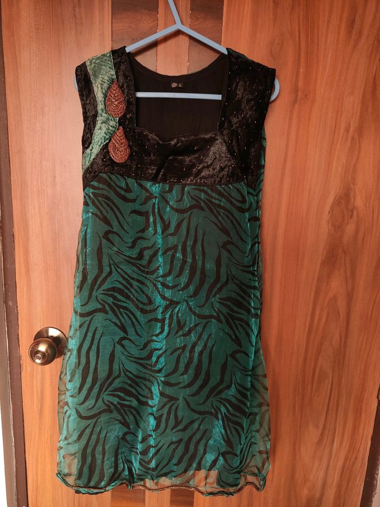 Green And Black Embroidered Sleeveless Dress