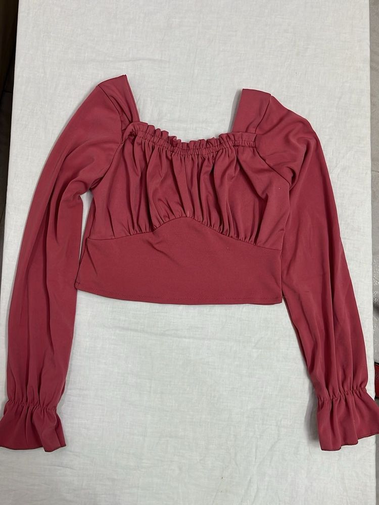 Rose Ruched Long Sleeve Crop Top