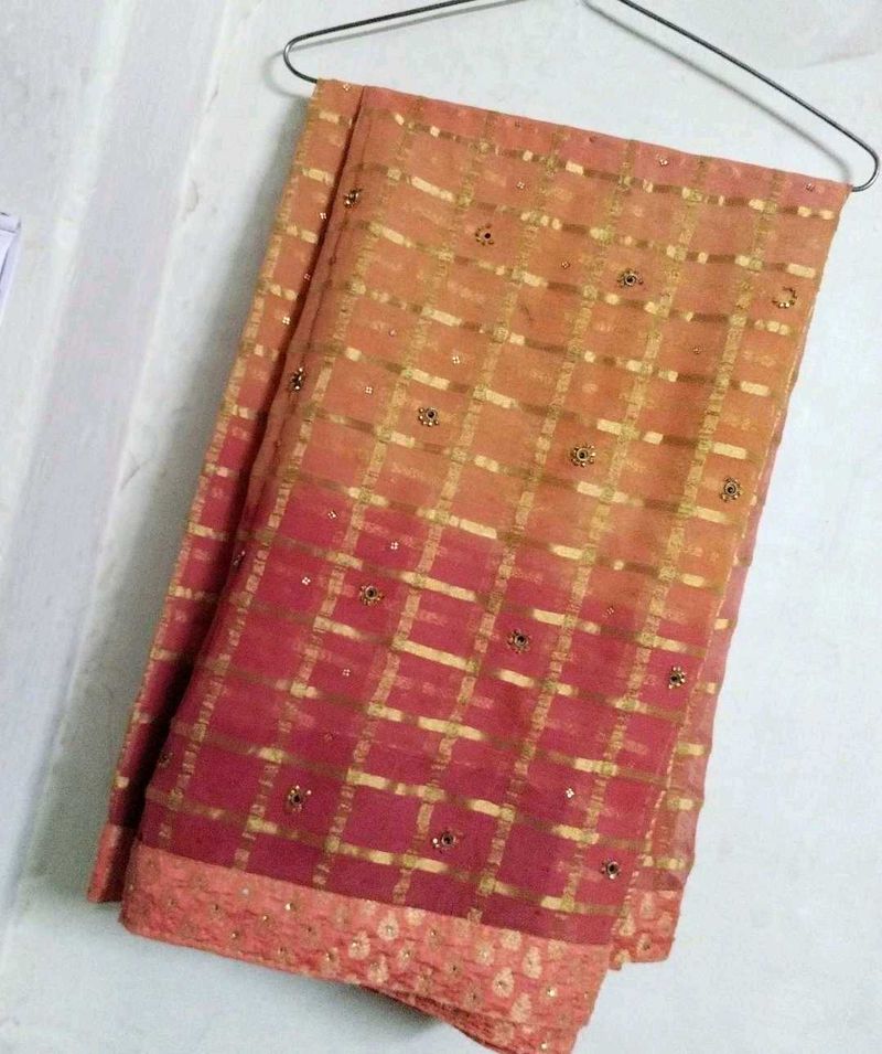 Orange &amp; Gold Checkered Saree