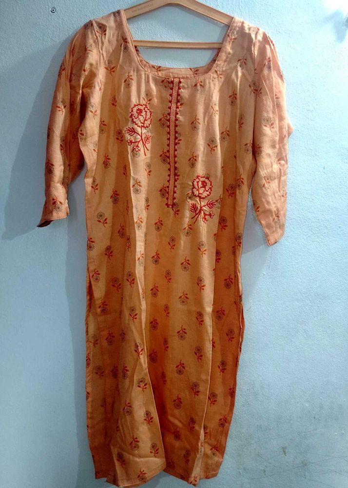 Peach Floral Embroidered Kurti Set
