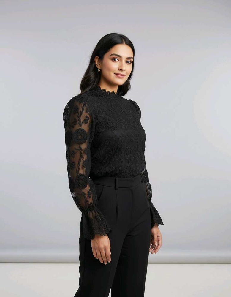 Elegant Black Lace Mock Neck Top