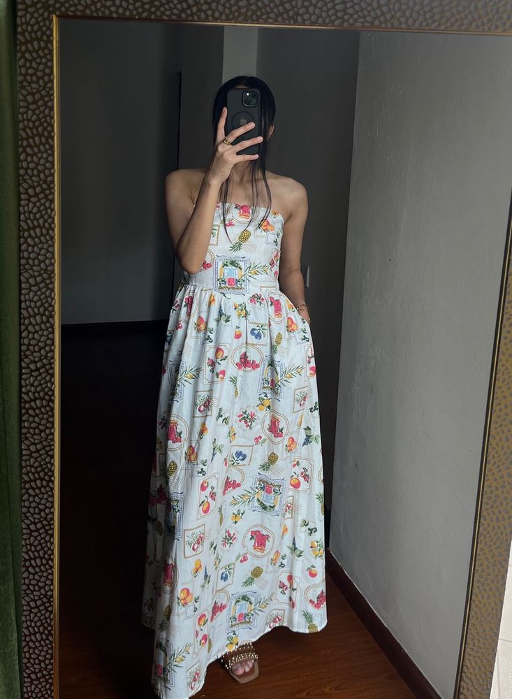 Tropical Fruit  Print Strapless Cotton Midi Dress