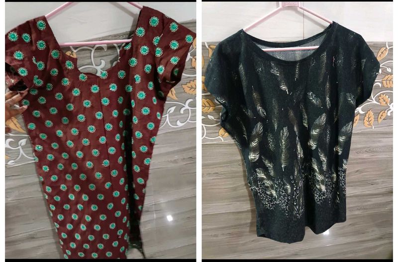 Combo Of Flower Embodary Kurti &amp; T-shirt