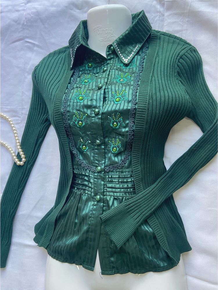 Green Embellished Top &amp; Cardigan