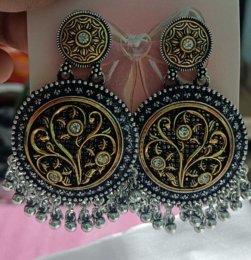 Oxidised Jhumka with Golden Art Earrings