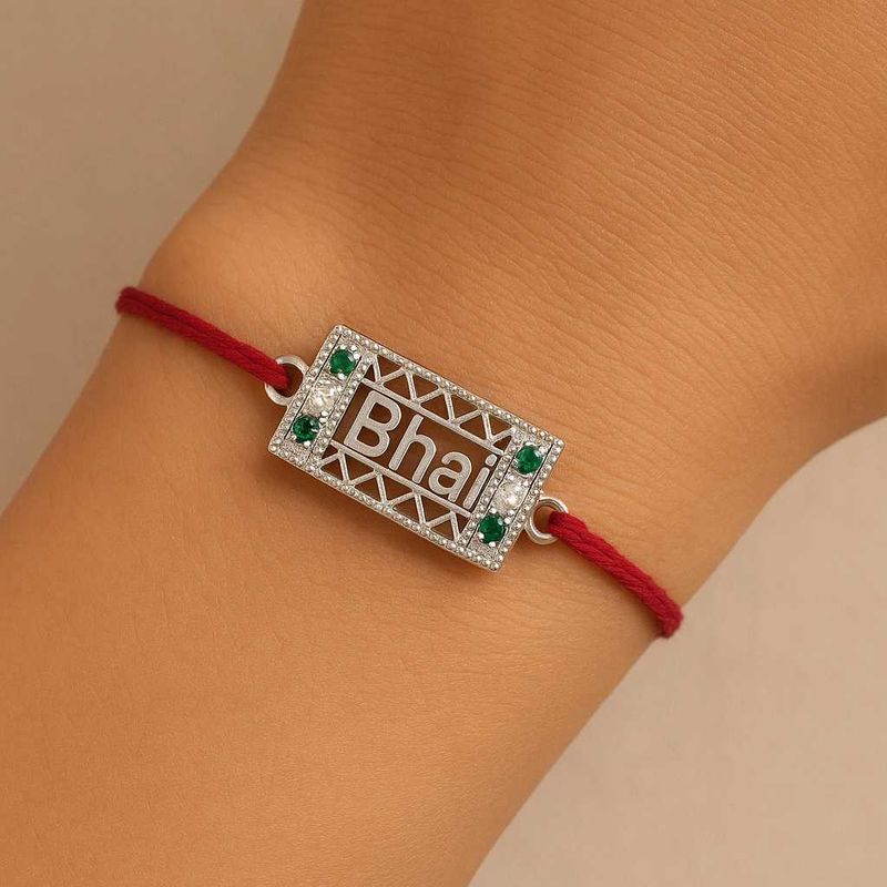 &#34;Bhai&#34; Logo Pure Silver Green &amp; White CZ Rakhi